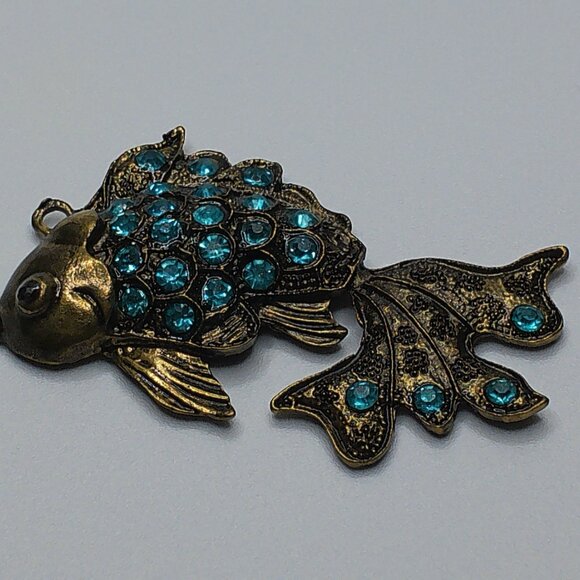 Blue Golden Fish Pendant, gold color, blue rhinestone, shiny crystals details - Picture 6 of 9
